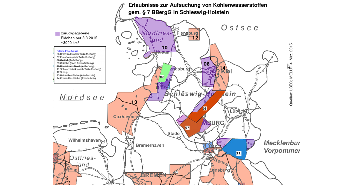 Die Öl- und Gas-Erlaubnisfelder in Schleswig-Holstein schrumpfen kräftig.